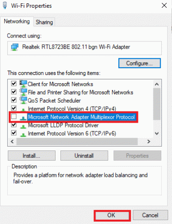 Poništite opciju Microsoft Network Adapter Multiplexor Protocol i kliknite na OK. Popravite Hamachi VPN grešku u sustavu Windows 10