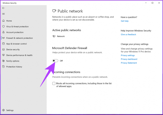 Desative a opção Microsoft defender Firewall