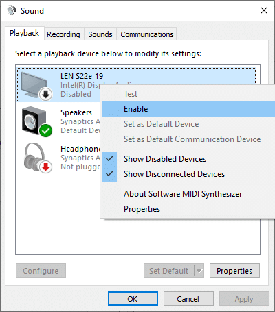 Ahora, haga clic derecho en el dispositivo de audio y verifique si está habilitado. Si está deshabilitado, haga clic en Habilitar, como se muestra en la imagen de abajo.