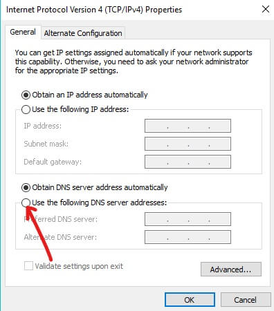 Odaberite opciju Koristi sljedeće adrese DNS poslužitelja