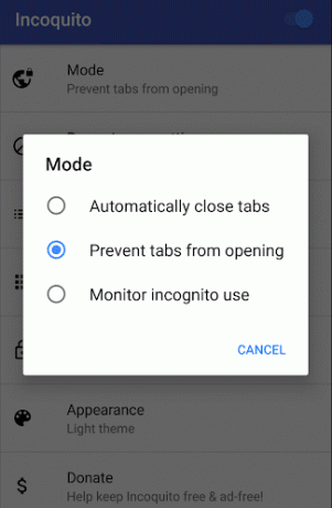Android'de Chrome'da gizli modu devre dışı bırakmak için Engelle seçeneğini belirleyin