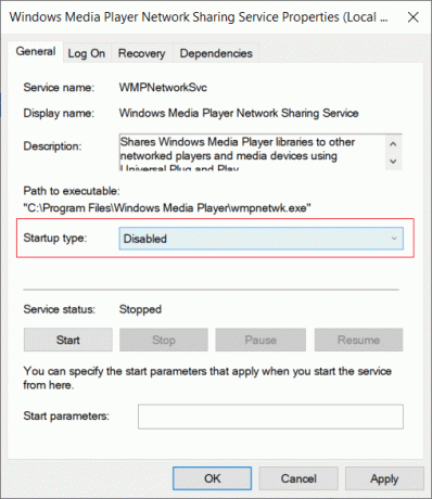 En el menú desplegable Tipo de inicio del Servicio de uso compartido de red de Windows Media, seleccione Deshabilitado