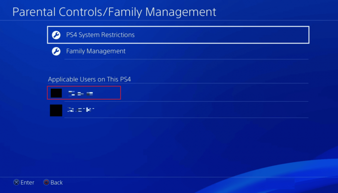 Wybierz żądanego użytkownika, dla którego chcesz ograniczyć dostęp | Jak usunąć członka rodziny na PS4 | zmień konto dziecka na konto rodzica na PS4