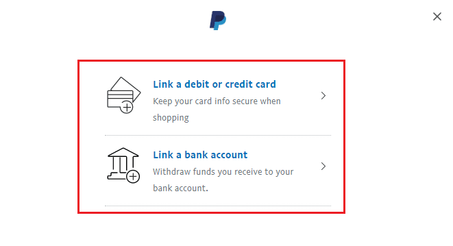 직불카드 또는 신용카드 연결 또는 은행 계좌 연결을 선택합니다.