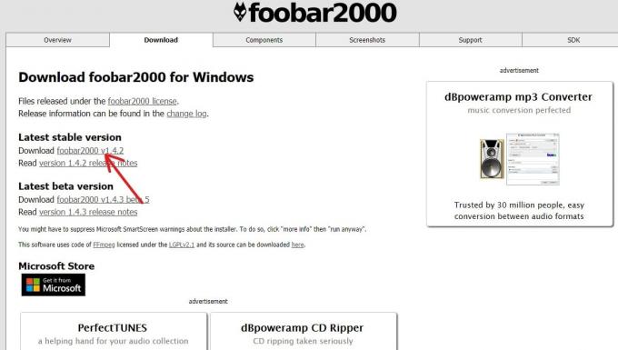 Obiščite spletno mesto Foobar2000 in kliknite Prenesi