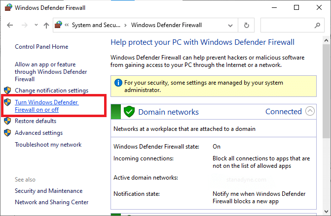 ตอนนี้ให้เลือกตัวเลือกเปิดหรือปิดไฟร์วอลล์ Windows Defender ที่เมนูด้านซ้าย