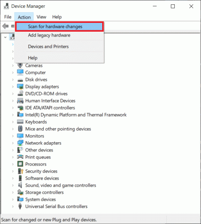 välj alternativet Sök efter maskinvaruändringar. | Åtgärda problem med generiskt PnP-skärm på Windows 10