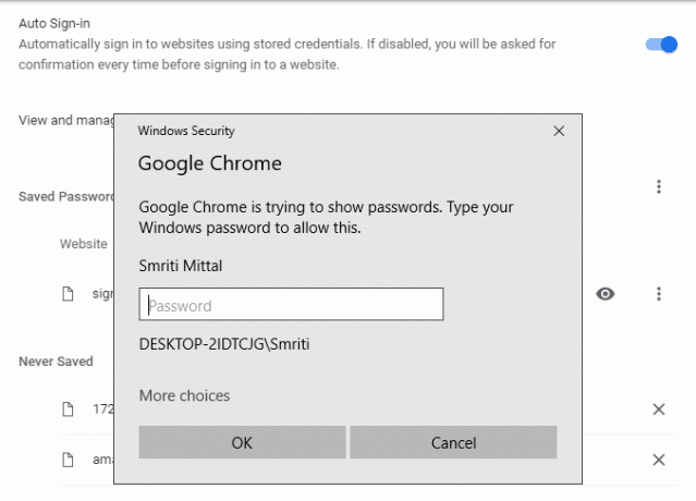 Wprowadź hasło logowania do komputera w monicie, aby wyświetlić zapisane hasło w Chrome
