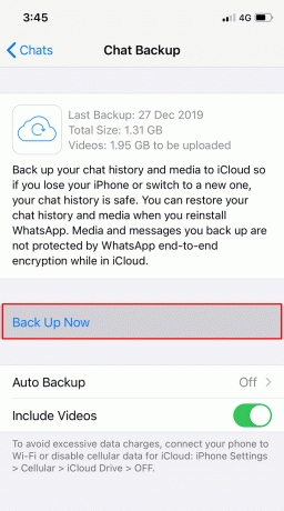 „WhatsApp“, skirtoje „iPhone“, bakstelėkite mygtuką Kurti atsarginę kopiją dabar
