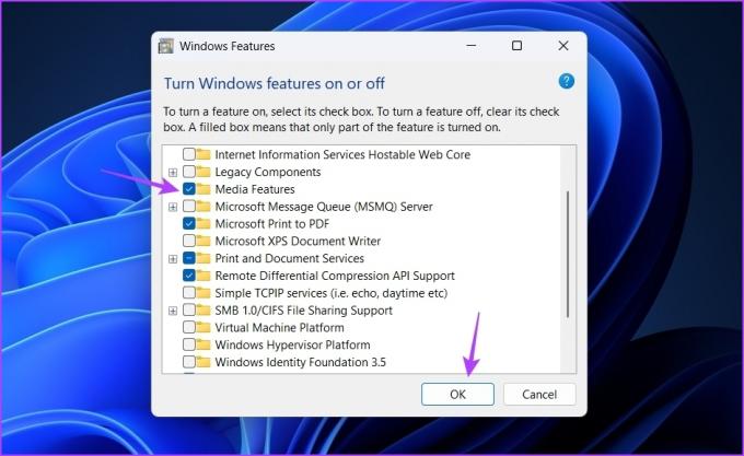 Medijos funkcijų langelis „Windows“ funkcijose