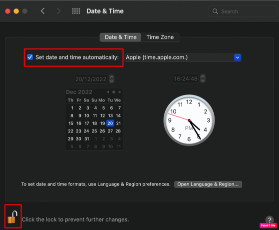 잠금 아이콘을 클릭하고 자동으로 날짜 및 시간 설정 옵션을 선택합니다.