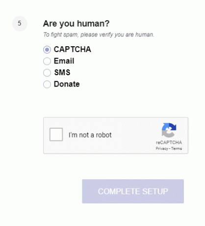 [私はロボットではありません]チェックボックスをオンにして、[セットアップの完了]をクリックします
