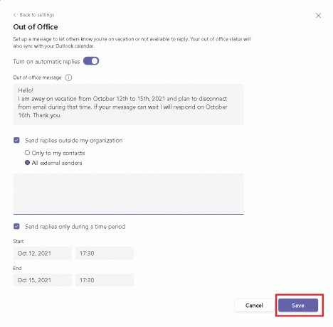 Klikněte na tlačítko Uložit. Jak nastavit Mimo kancelář v Teams