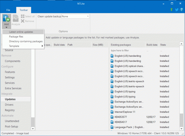 Klicka på Lägg till alternativ uppe till vänster och välj Senaste onlineuppdateringar | Slipstream installation av Windows 10