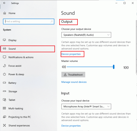 klik Suara dan klik Properti perangkat di bawah menu Output. Perbaiki Masalah Suara PUBG di PC Windows 10