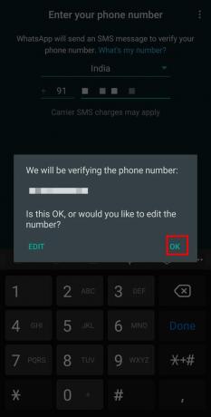 Tik in het bevestigingsvenster op de optie Ok | Geeft WhatsApp u een telefoonnummer?