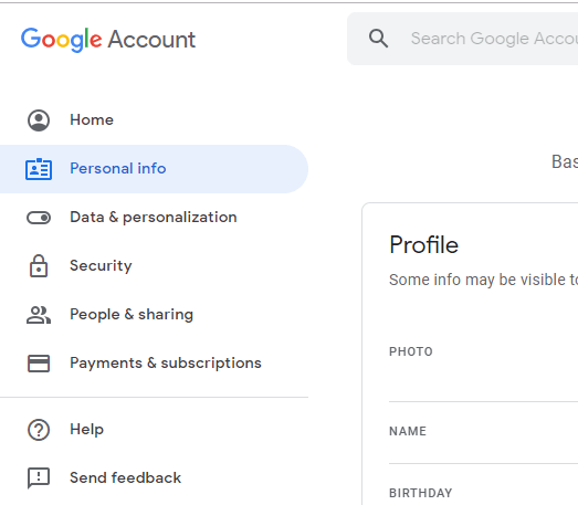Google ანგარიშების ჩანართში, მარცხენა ფანჯრიდან დააწკაპუნეთ „პერსონალური ინფორმაცია“.