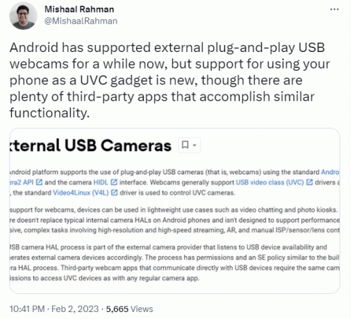 მიშაალ რაჰმანის ბოლო DeviceAsWebcam ტვიტი 2 | Android-ს შეუძლია მიიღოს მშობლიური მხარდაჭერა ტელეფონისთვის, როგორც ვებკამერა