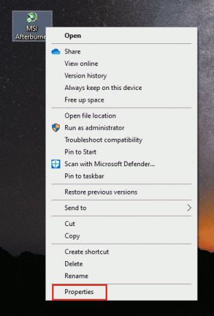 Özellikler'e tıklayın. MSI Afterburner'ın Windows 10'da Çalışmamasını Düzeltmenin Yolları