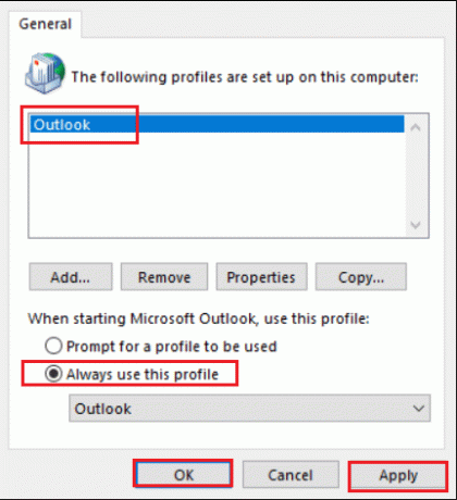 คลิกที่บัญชีใหม่ของคุณและเลือกตัวเลือกใช้โปรไฟล์นี้เสมอ แก้ไข Outlook ค้างเมื่อโหลดโปรไฟล์บน Windows 10