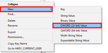 Кликните десним тастером миша на празну област и кликните на Ново. Изаберите ДВОРД 32-битну вредност из менија. 