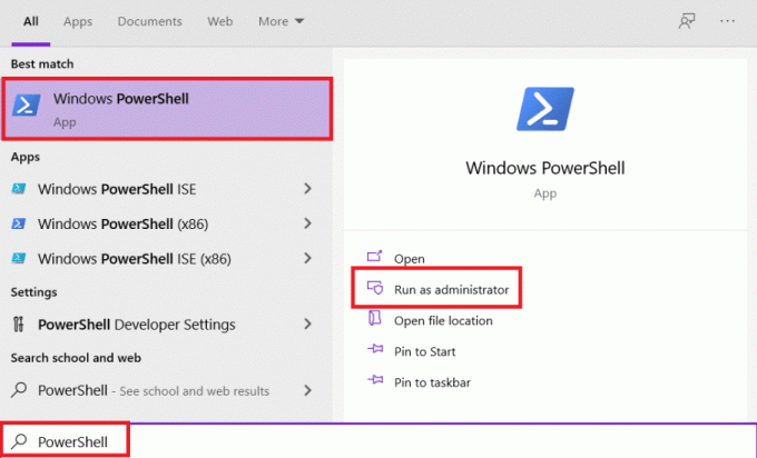 Etsi PowerShell Windowsin hakukentästä. Napsauta nyt Suorita järjestelmänvalvojana.