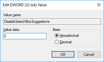 Pentru a activa Istoricul căutărilor din File Explorer în Windows 10, setați valoarea la 0