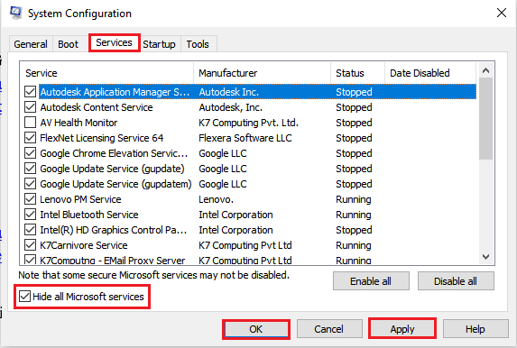 すべてのNVIDIAサービスを選択し、[適用]ボタンと[OK]ボタンをクリックします。 NVIDIAオーバーレイがWindows10で機能しない問題を修正