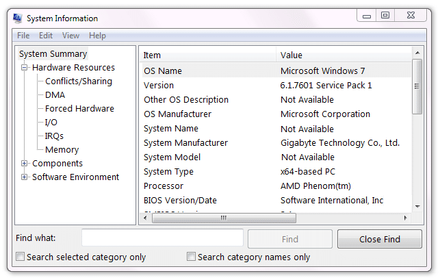 Systeminformasjon i Windows 7