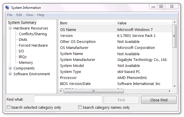 ข้อมูลระบบใน Windows 7