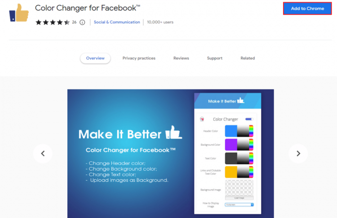 Søg efter Color Changer til Facebook, og klik på Føj til Chrome. | Sådan ændres Facebook-baggrund 