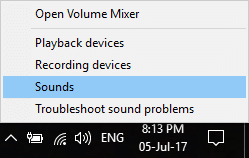 z desno tipko miške kliknite ikono za glasnost v sistemski vrstici in kliknite na Zvoki | Popravite, da zvok HDMI ne deluje v sistemu Windows 10