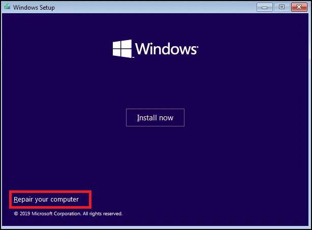 „Windows“ sąrankos ekrane spustelėkite Taisyti kompiuterį. Kaip paleisti „Windows 10“ atkūrimo režimą