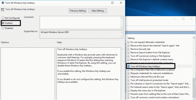 Clique duas vezes em Desativar teclas de atalho do Windows e selecione Ativado | Corrigir Alt + Tab não funcionando