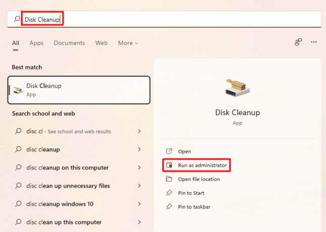 Upišite Čišćenje diska u traku za pretraživanje izbornika Start i kliknite Pokreni kao administrator da biste ga otvorili.