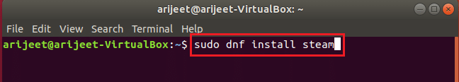 sudo dnf įdiegti steam komandą Linux terminale
