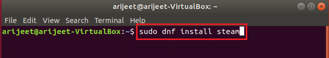 sudo dnf install steam ukaz v terminal linux