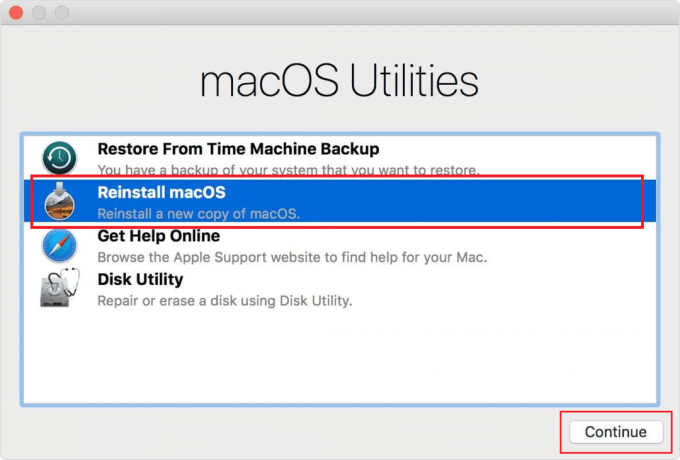 I fönstret macOS Utilities klickar du på Installera om macOS - Fortsätt