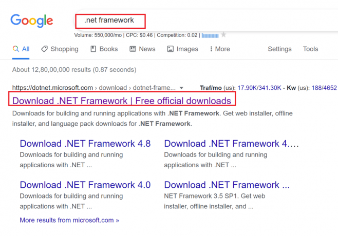 klikk på det første søkeresultatet fra Microsofts offisielle nettsted med tittelen Last ned .NET Framework | Reparer 0xc00007b-feil: Applikasjonen kunne ikke startes riktig