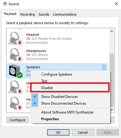 Højreklik på højttaleren og klik på deaktiver