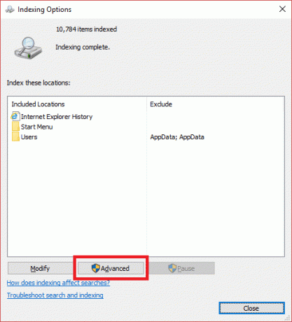 For å gjenoppbygge indeksen, må du klikke på " Avansert" -knappen