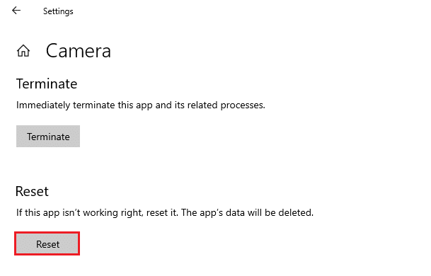Quindi, scorrere lo schermo verso il basso e selezionare l'opzione Ripristina. Correggi la fotocamera in uso da un'altra app in Windows 10