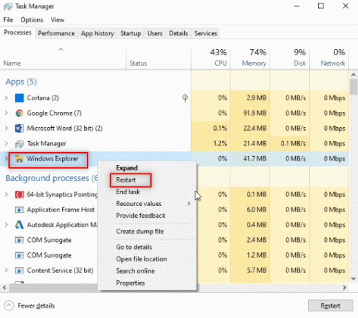 Uruchom ponownie Eksploratora Windows. Napraw ciemny motyw Eksploratora plików nie działa w systemie Windows 10