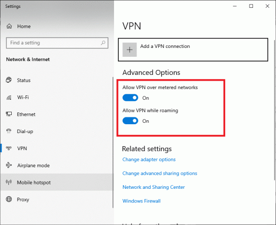 Trennen Sie im Fenster Einstellungen den aktiven VPN-Dienst und schalten Sie die VPN-Optionen unter Erweiterte Optionen aus