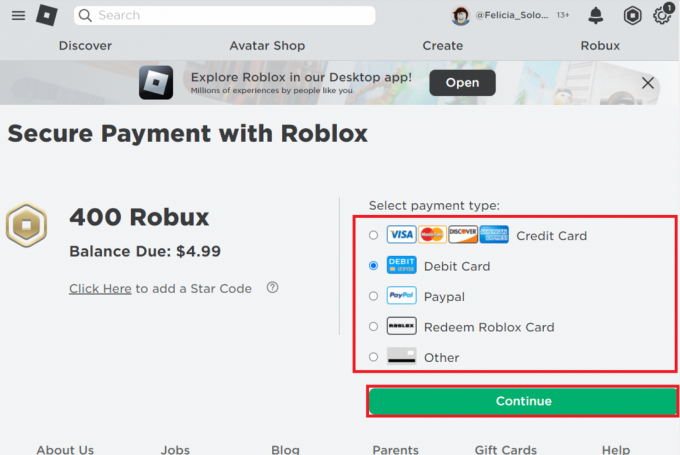 เลือกวิธีการชำระเงินเพื่อซื้อ Robux แล้วคลิกดำเนินการต่อ