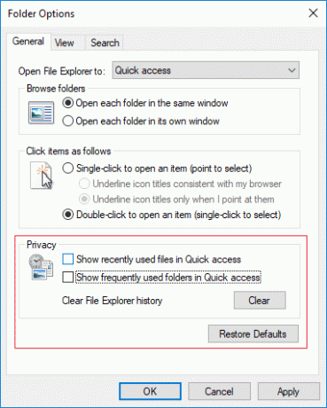Vypnúť nedávne položky a časté miesta v možnostiach Prieskumníka súborov | Vypnite nedávne položky a časté miesta v systéme Windows 10