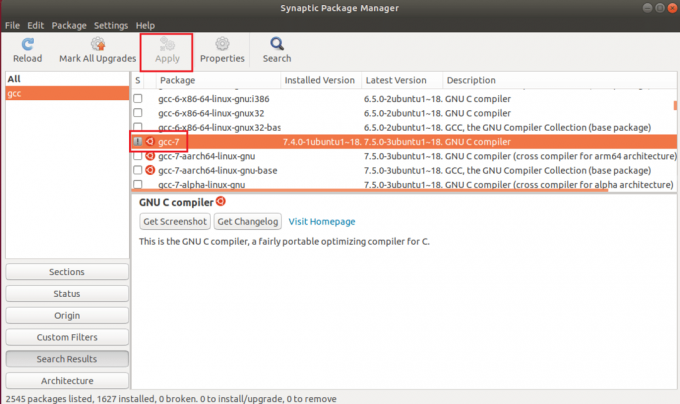 seleziona gcc 7 e fai clic sul pulsante applica nel gestore di pacchetti synaptic Ubuntu Linux