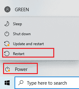 Selecteer het pictogram Power en herstart. Fix Twitch-bronindeling niet ondersteund in Windows 10