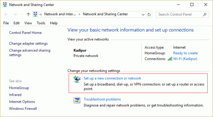 kliknite nastavitev nove povezave ali omrežja. Popravite napačen PSK, ki je na voljo za omrežni SSID v sistemu Windows 10