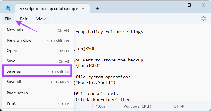 Lagring af VBS: Backup Local Group Policy Editor på Windows 11